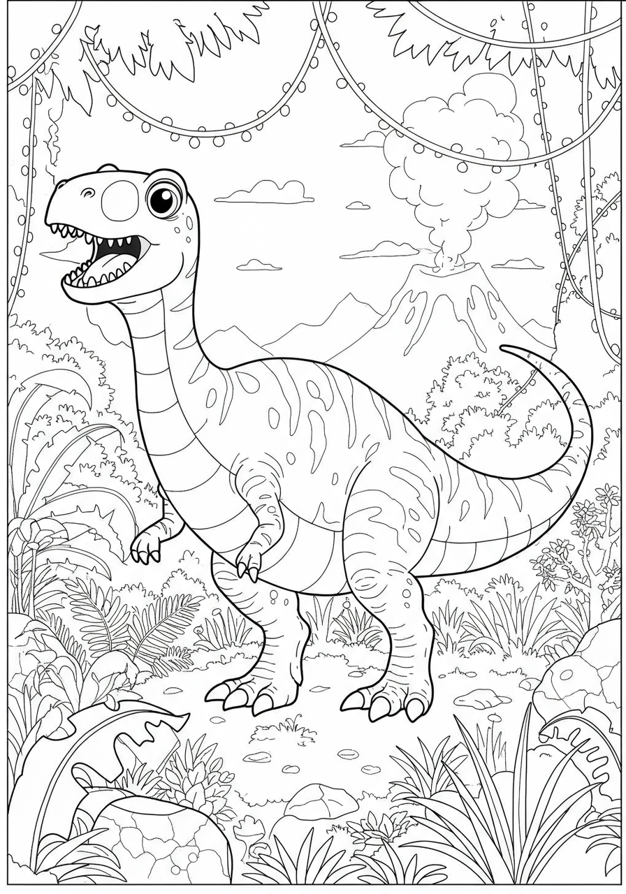 Free printable Roaring Allosaurus Jungle coloring page for kids, featuring a large, simplified cartoon Allosaurus roaring amidst easy-to-color jungle plants and vines.