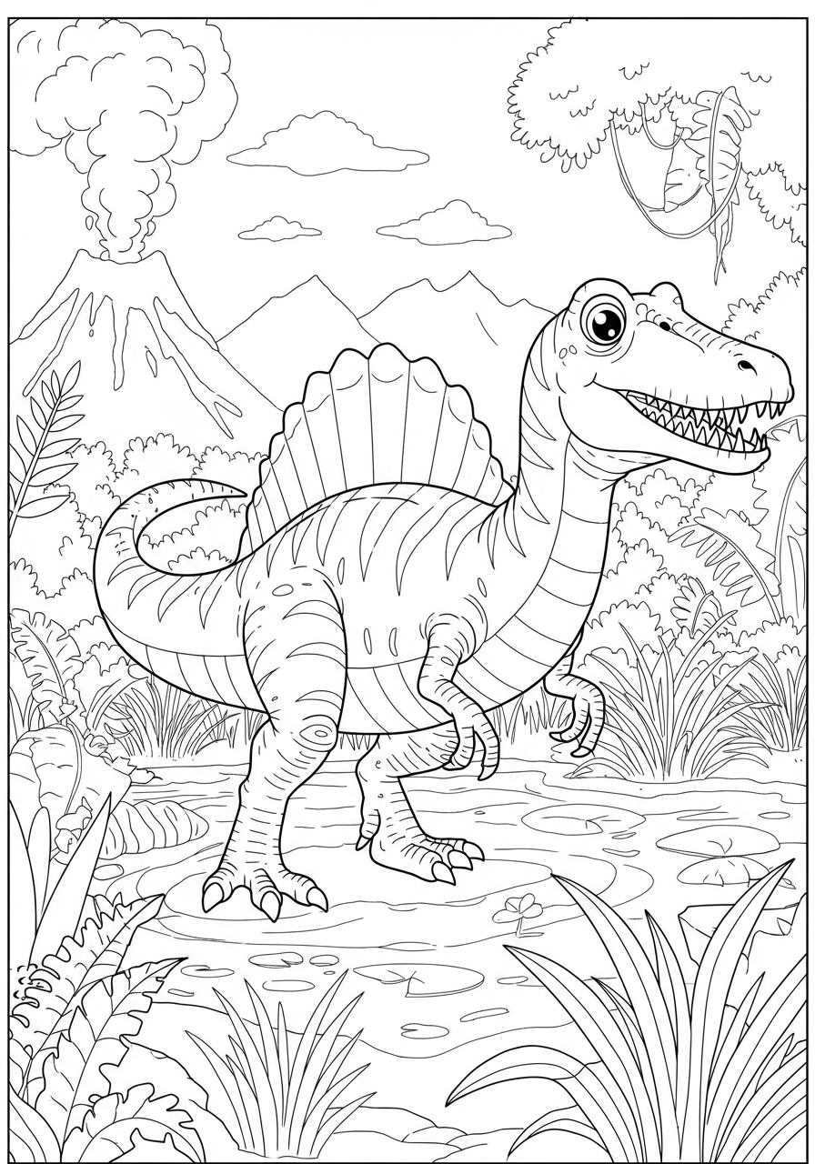 Free printable coloring page featuring a mighty Spinosaurus roaring in a lush prehistoric swamp, surrounded by water and ancient plants, perfect for kids.