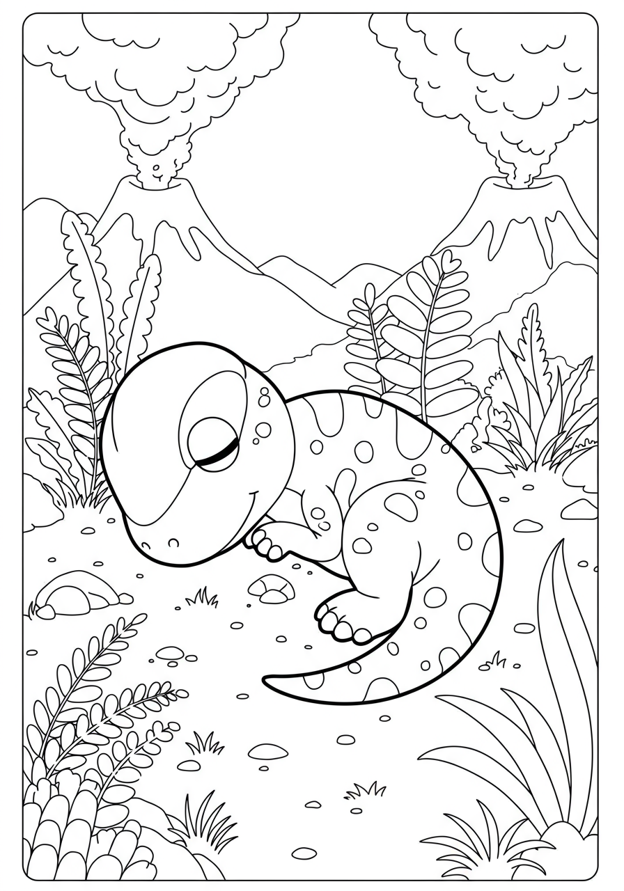 Free printable coloring page featuring a cute sleeping baby Dilophosaurus curled up peacefully among simple prehistoric plants.