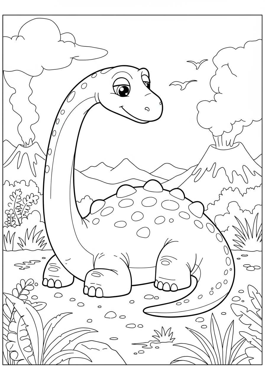 A free printable coloring page featuring a large, friendly Brontosaurus giant sleeping peacefully, with simple background details, suitable for kids.
