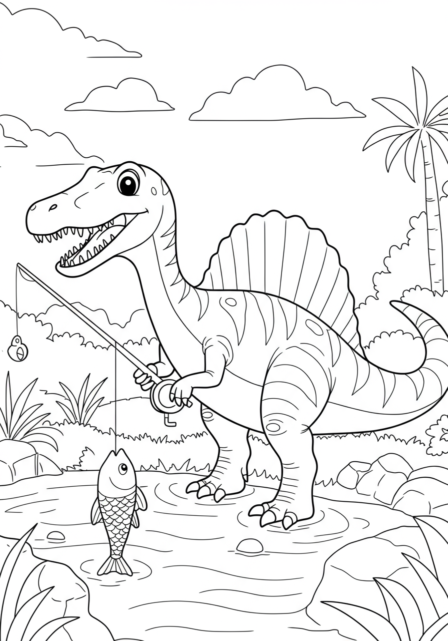 A Spinosaurus catching fish in a prehistoric river with its sail-like back