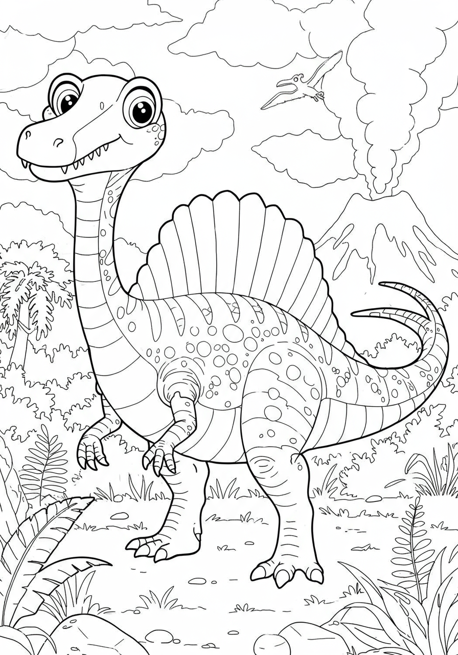 Free printable Spinosaurus huge sail coloring page for kids, showing a friendly Spinosaurus with its prominent dorsal fin or sail, ready for creative coloring fun.
