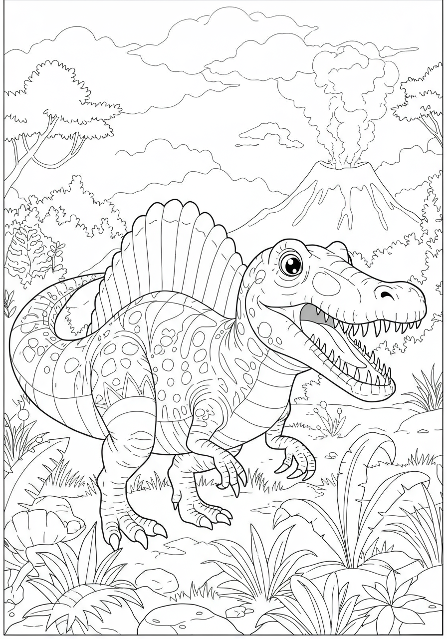 Free printable coloring page featuring a Spinosaurus showing its powerful, crocodile-like jaws and sharp teeth, ready to catch fish. Perfect for kids to color.