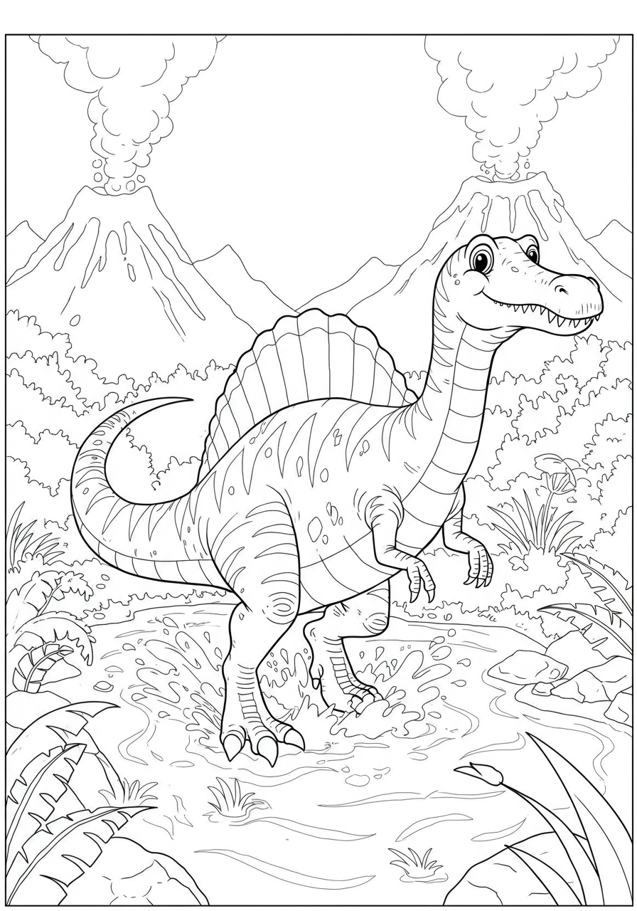 Free printable Spinosaurus roaring in water coloring page for kids, showing the large dinosaur with its sail and a long snout splashing in a river.