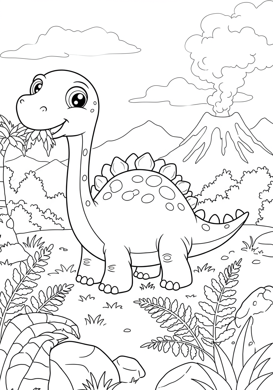 Free printable coloring page featuring a happy Stegosaurus dinosaur munching on green ferns in a prehistoric landscape.