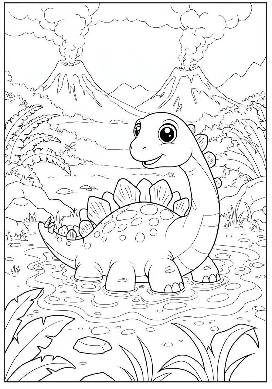 Free printable coloring page featuring a happy Stegosaurus taking a relaxing mud bath, perfect for kids who love dinosaurs.