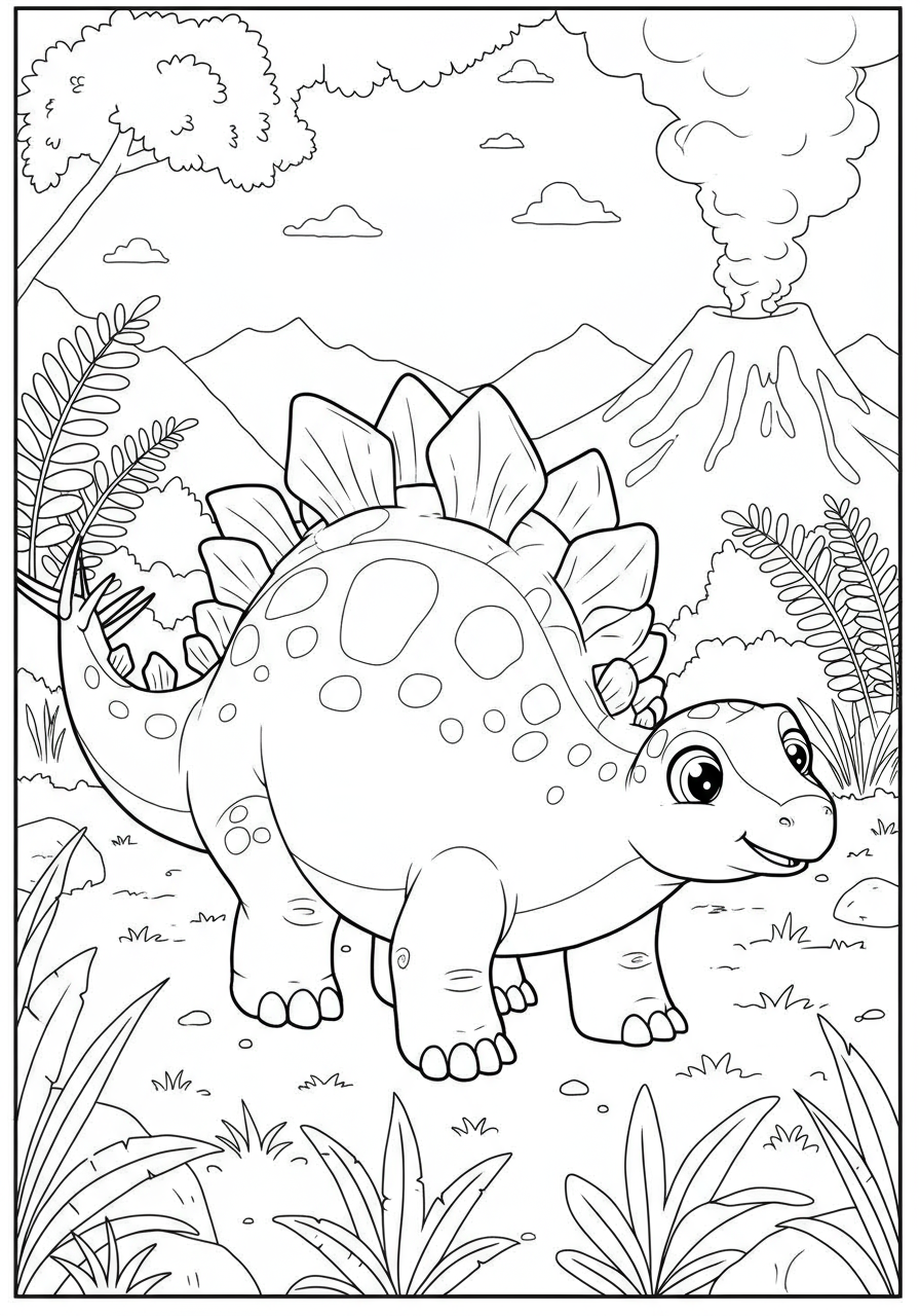 A free printable coloring page featuring a happy Stegosaurus with prominent spiky plates on its back, ready for kids to color.