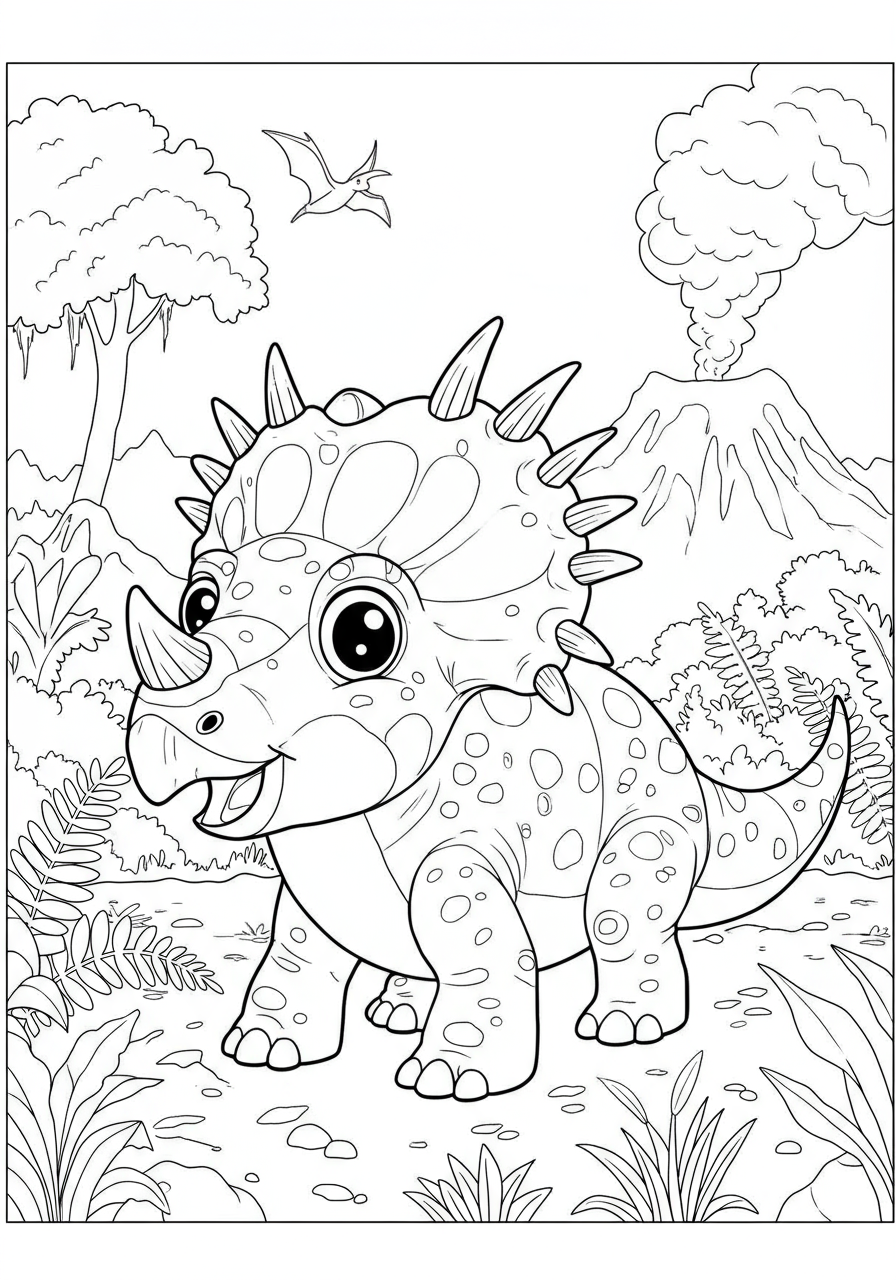A free printable coloring page featuring an easy-to-color Styracosaurus with its distinctive large nose horn and spiked neck frill, perfect for kids.