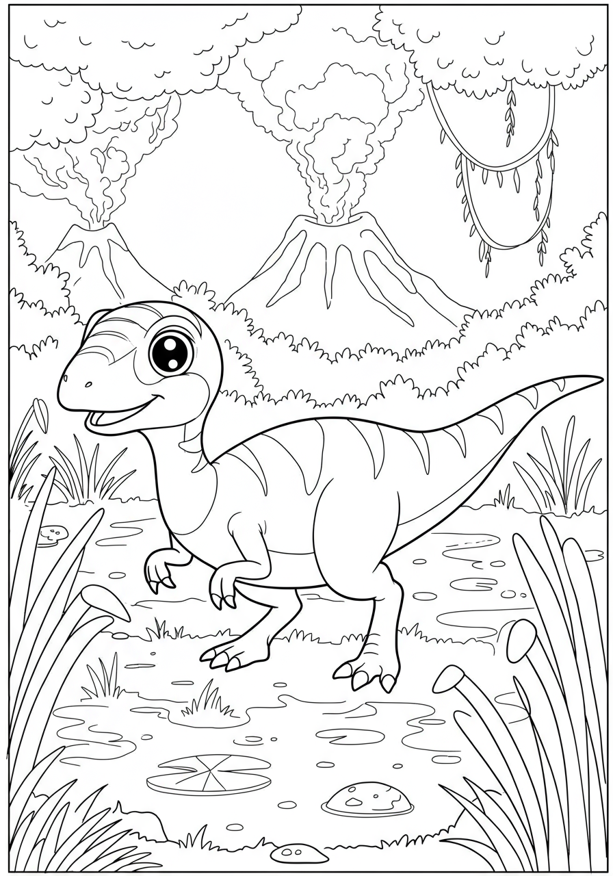 A free printable coloring page featuring a small Compsognathus dinosaur scurrying through a swampy, reedy environment with simple lines for easy coloring.