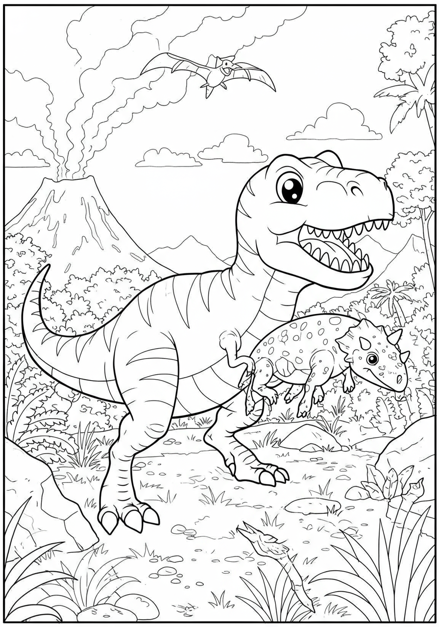 Free printable T-Rex chasing prey coloring page for kids, showing a large Tyrannosaurus Rex running after its meal in a prehistoric landscape.