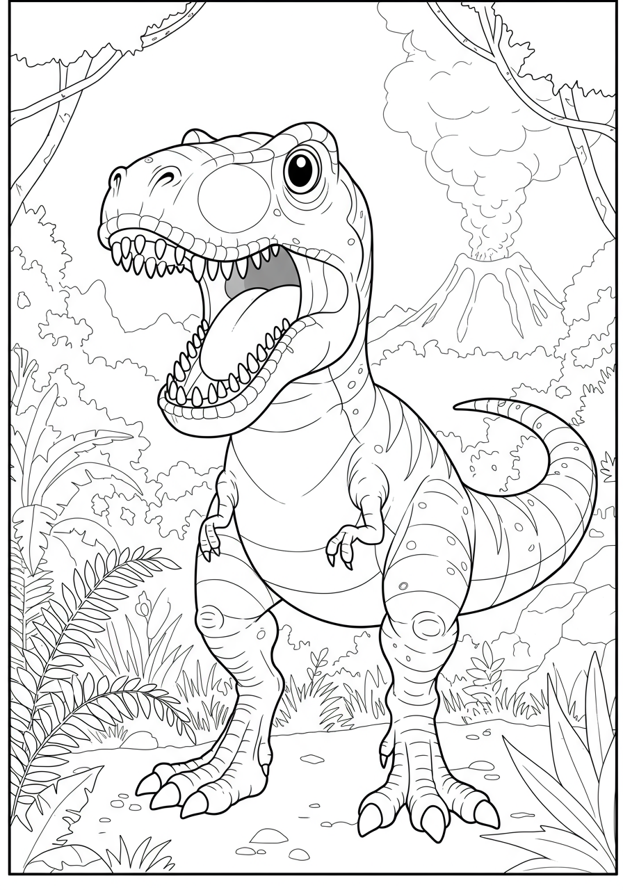 Free printable T-Rex close-up roaring dinosaur coloring page for kids. Features a detailed yet easy-to-color Tyrannosaurus Rex with its mouth open, letting out a mighty roar.