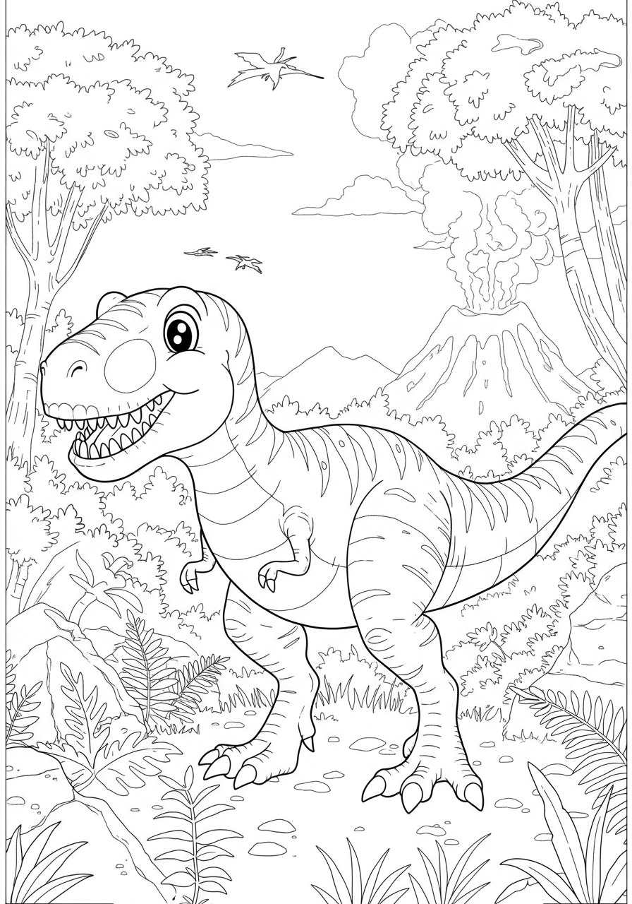A free printable coloring page depicting a powerful T-Rex hunting through a dense prehistoric forest, perfect for young dinosaur fans.