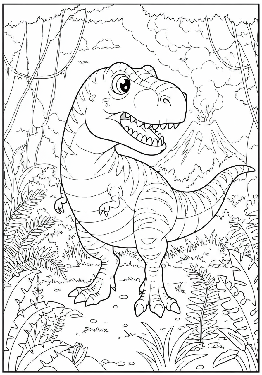 Free printable T-Rex Roaring Jungle coloring page for kids featuring a powerful Tyrannosaurus Rex in a prehistoric jungle scene with ancient plants.