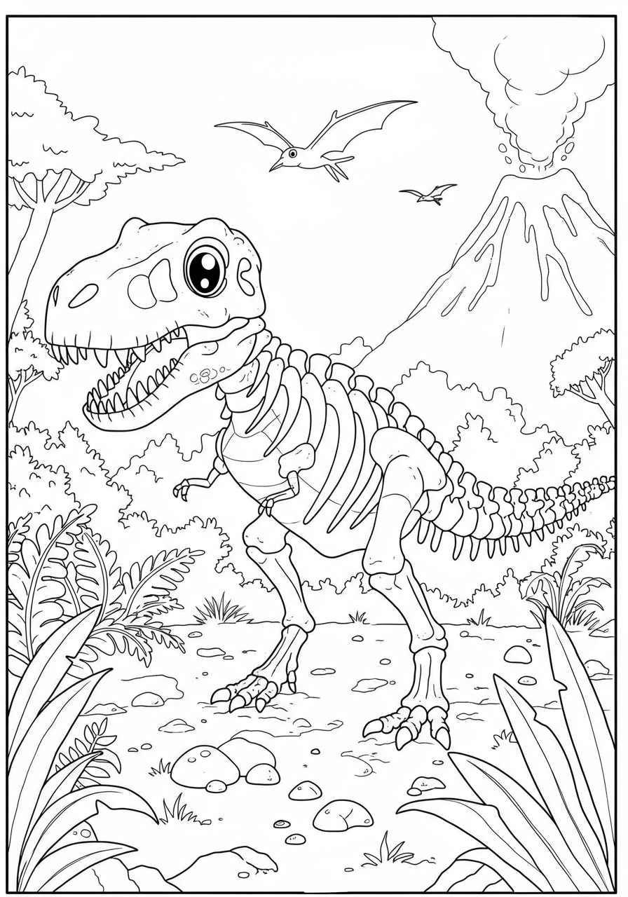 A free printable coloring page showing an easy-to-color T-Rex skeleton that has just been unearthed from the ground, perfect for kids.