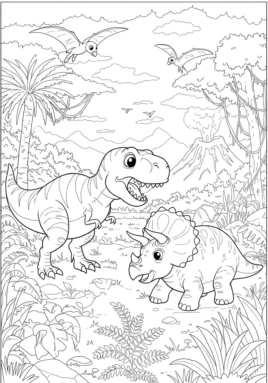 Free printable T-Rex vs Triceratops coloring page depicting an epic battle between the two dinosaurs in a lush prehistoric jungle for kids.