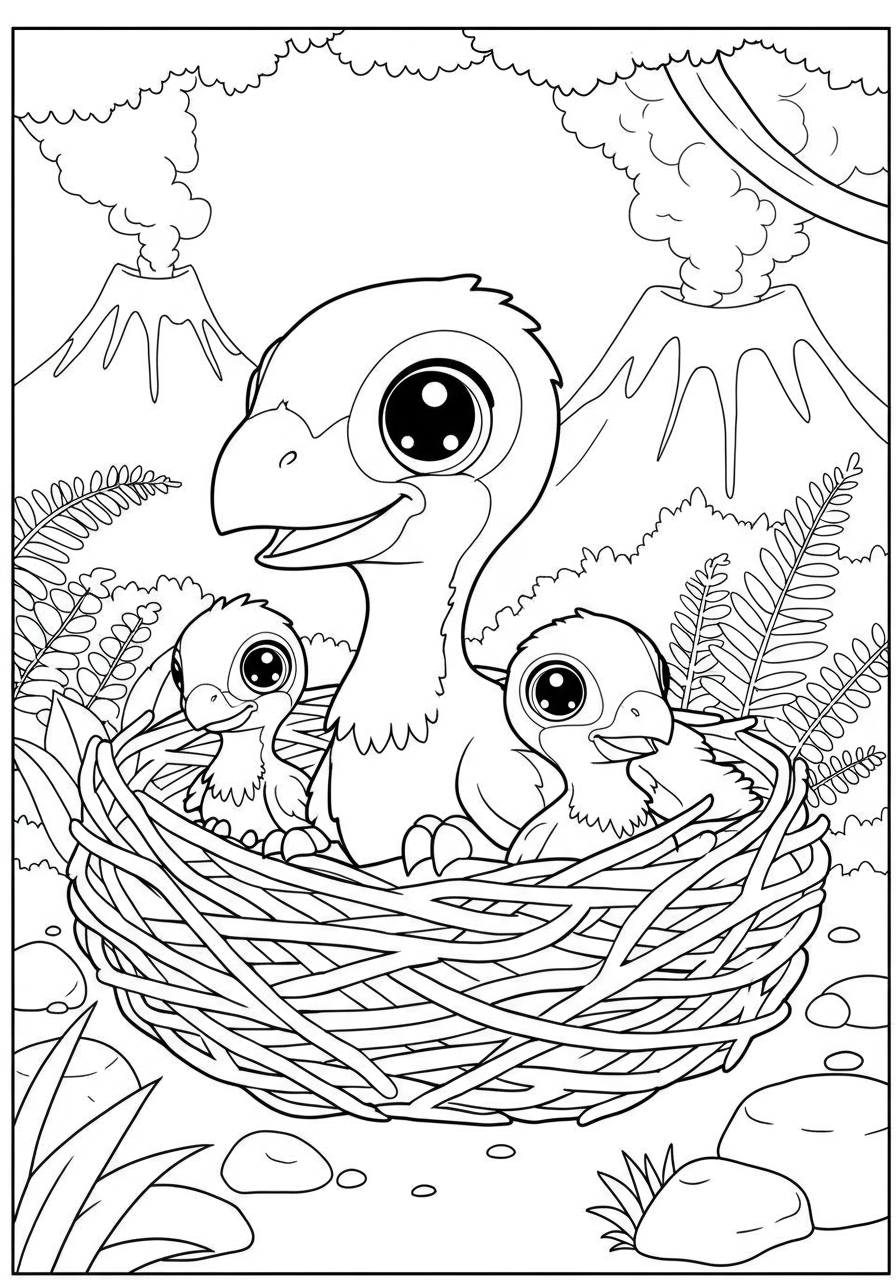 Free printable Tiny Archaeopteryx Nest coloring page showing cute baby Archaeopteryx chicks in a cozy nest, suitable for young kids.