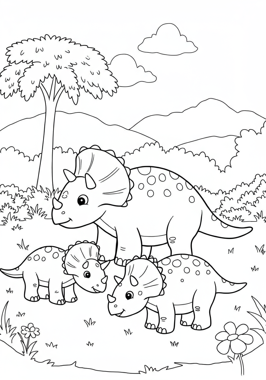 A Triceratops family grazing peacefully in a prehistoric meadow with ferns