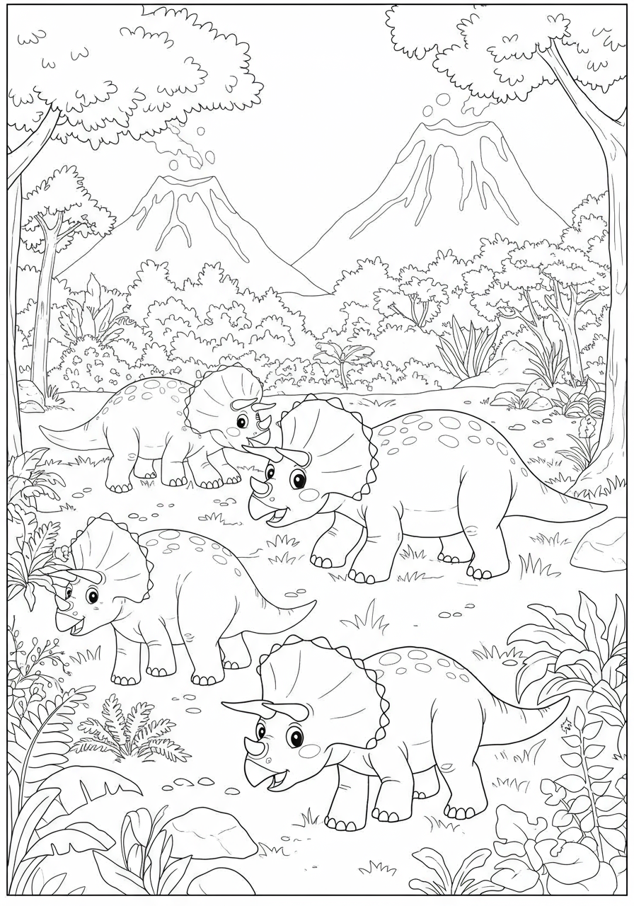 Free printable Triceratops herd crossing coloring page for kids featuring multiple triceratops dinosaurs walking across a prehistoric landscape with trees and plants.