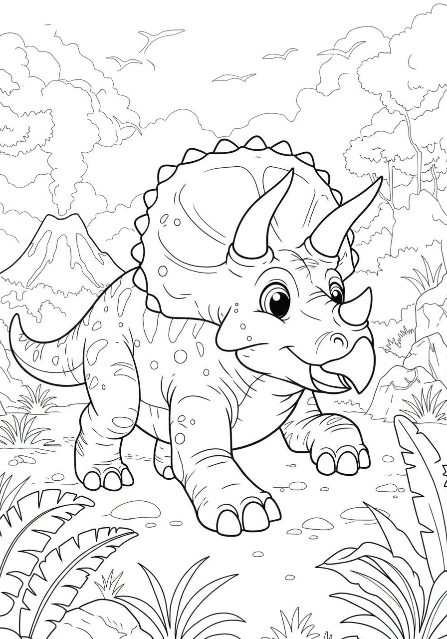 Free printable Triceratops powerful charge coloring page for kids, showing a three-horned dinosaur in dynamic motion with bold outlines, ready to be colored.