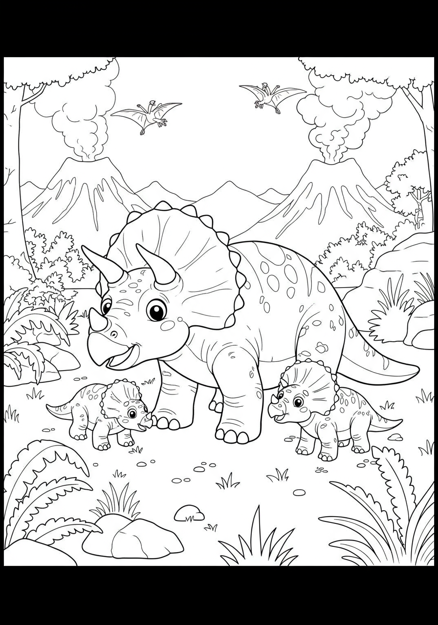 Free printable Triceratops protecting its baby dinosaurs coloring page, featuring an adult guarding two smaller Triceratops in a prehistoric landscape.