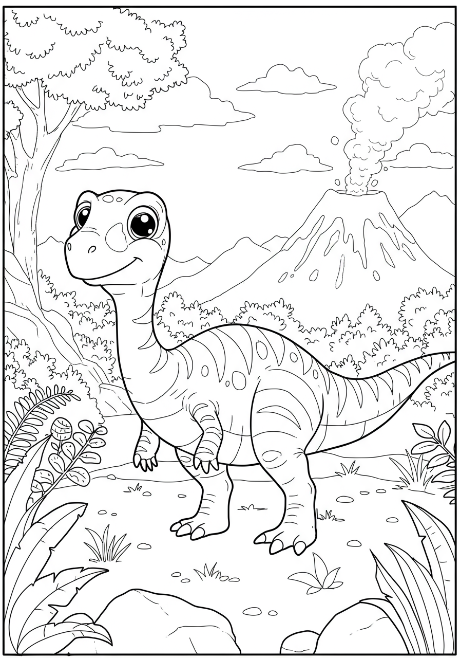 A free printable coloring page showing Troodon, the smart hunter dinosaur, standing alert in a prehistoric landscape, perfect for kids.