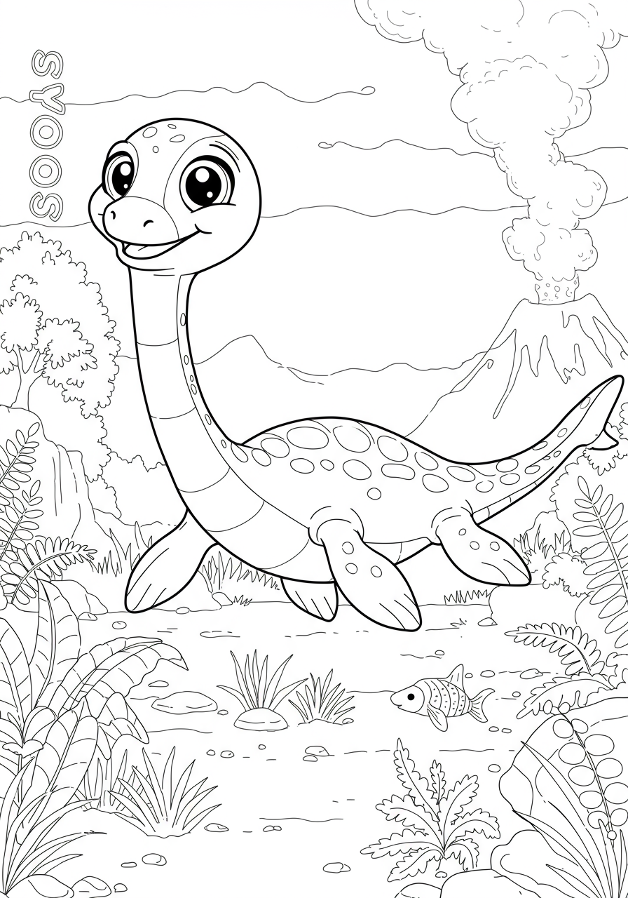 Free printable coloring page featuring an easy-to-color underwater Plesiosaurus scene, perfect for kids to learn about ancient marine reptiles.