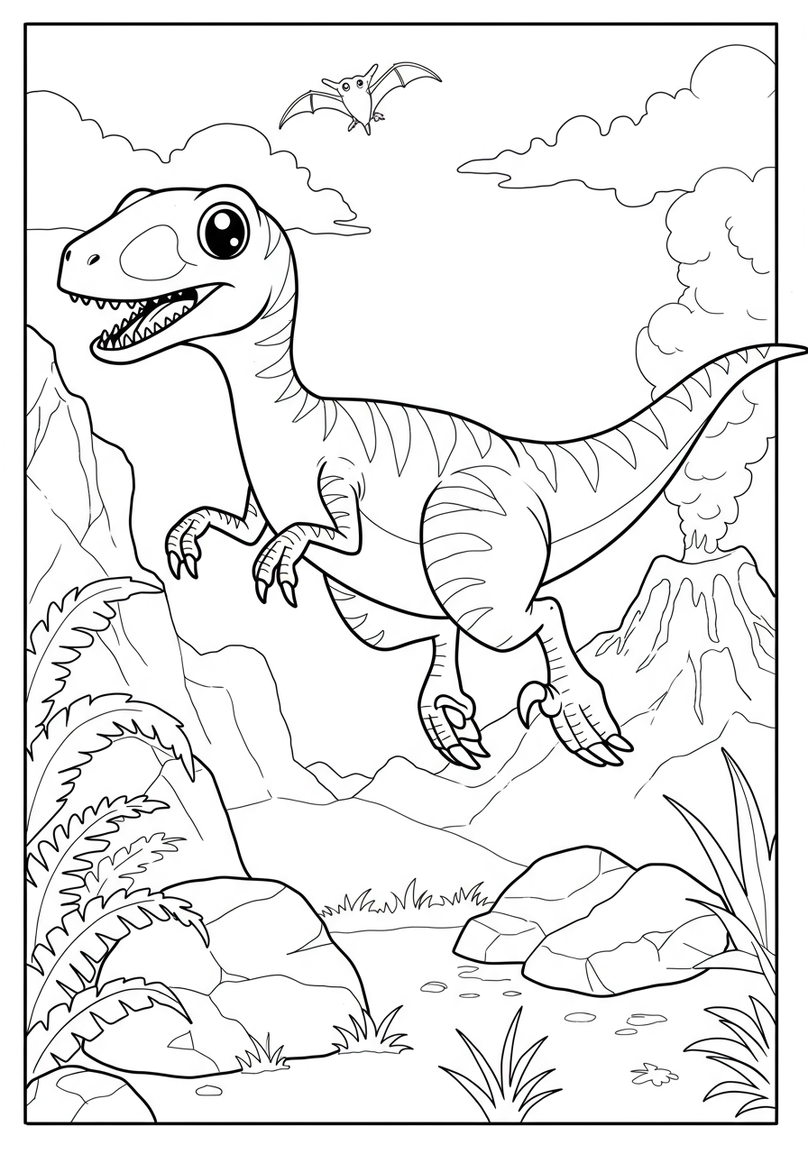 A dynamic free printable Velociraptor jumping over rocks coloring page for kids, showing the dinosaur mid-leap with a simple prehistoric background.