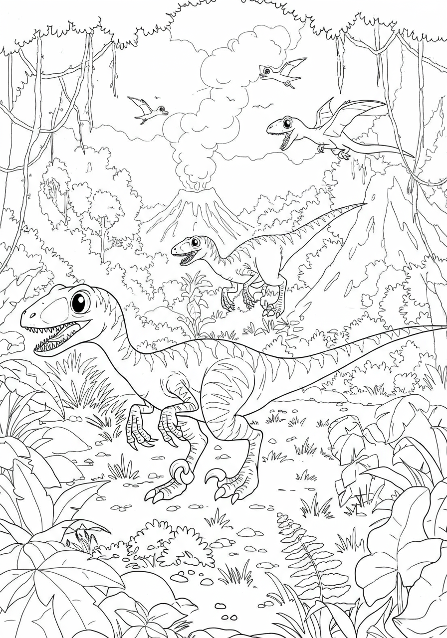 An easy free printable Velociraptor pack hunt coloring page showing several raptors chasing prey in a prehistoric jungle, perfect for kids.