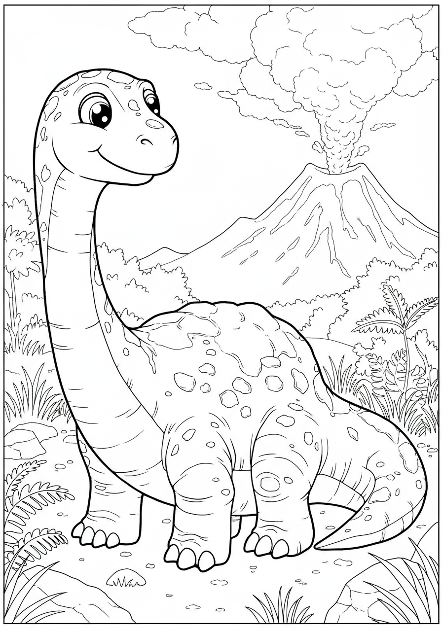 A free printable coloring page depicting a large dinosaur partially covered in soft volcanic ash with a distant volcano, ready for kids to color.