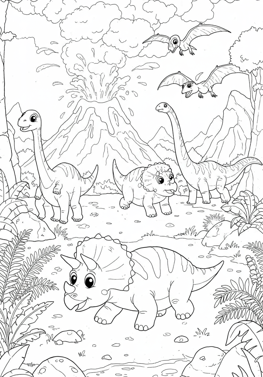 A free printable coloring page depicting a thrilling prehistoric scene where various dinosaurs, including a Triceratops, Brachiosaurus, and Velociraptor, are actively fleeing from a large, erupting volcano spewing lava and ash.