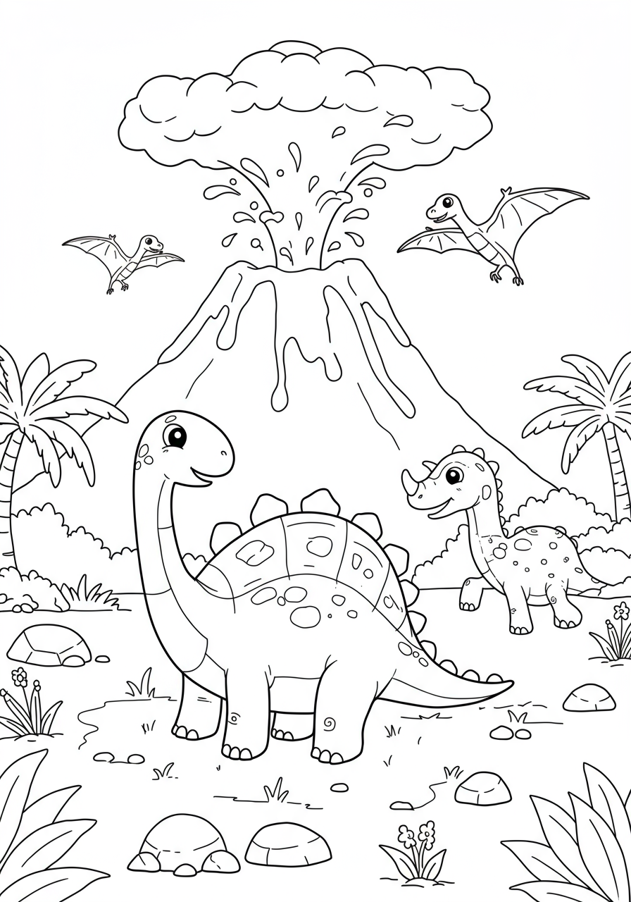Multiple dinosaurs fleeing from an erupting volcano in a dramatic prehistoric scene