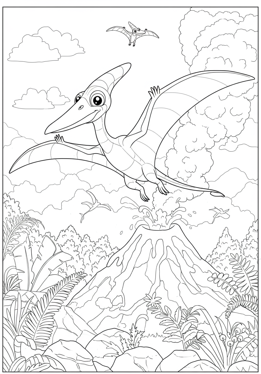 Free printable Volcano Peak Pteranodon coloring page for kids, showing a large flying reptile soaring over an erupting volcano with smoke and lava.