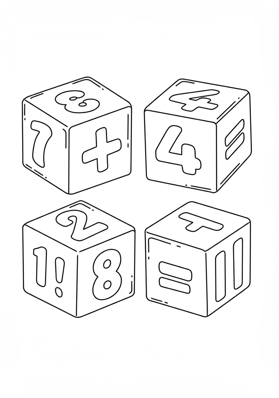 Free printable coloring page featuring cartoon-style addition and subtraction blocks with numbers and math symbols, perfect for kids learning basic math.