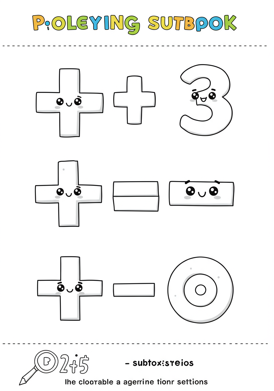A free printable coloring page showing large, friendly addition (+) and subtraction (-) symbols, surrounded by simple objects for counting, designed for young children learning basic math concepts.