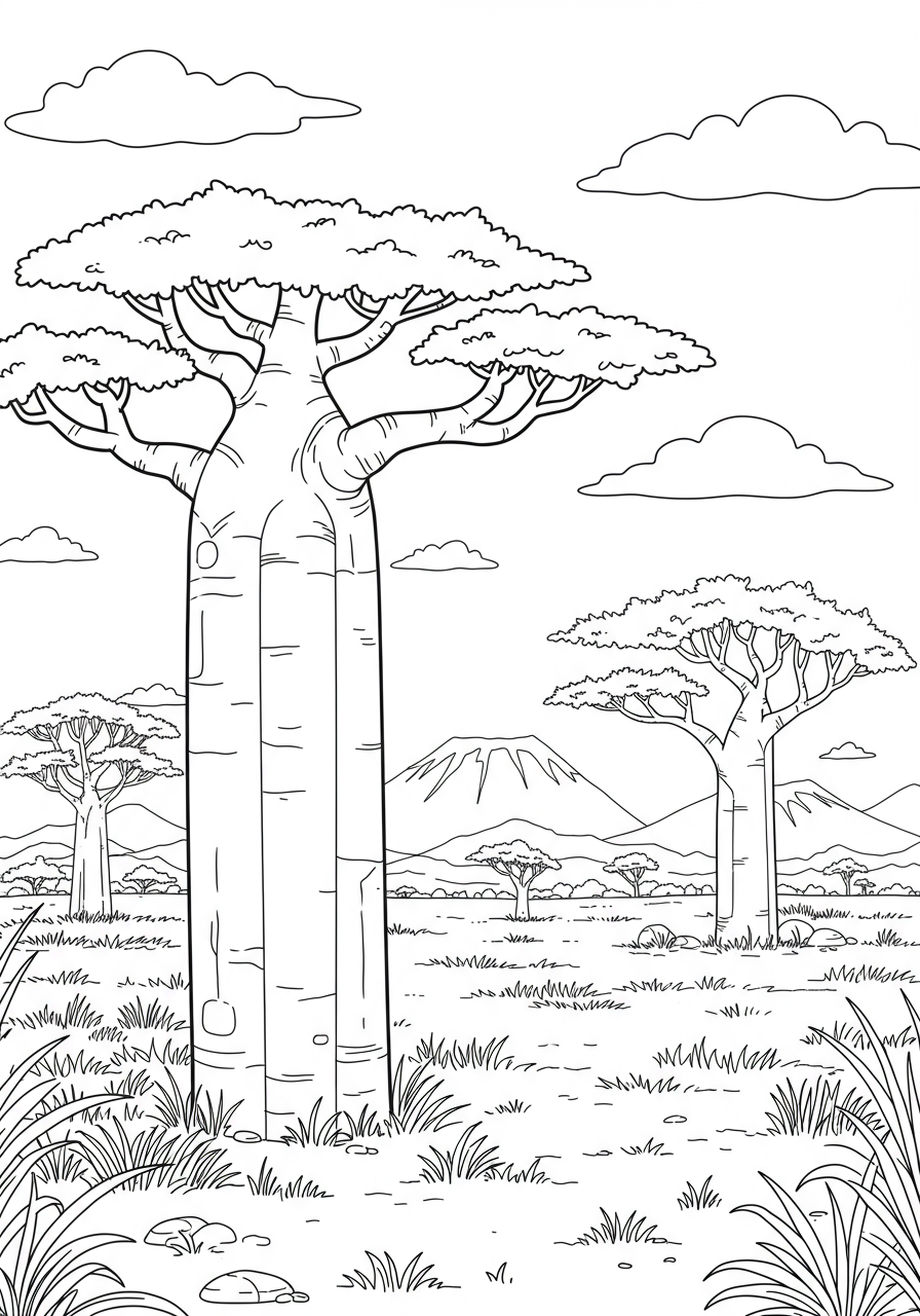 Free printable African safari landscape coloring page showing baobab trees, grassy plains, and distant mountains under a big sky, designed for kids to color.