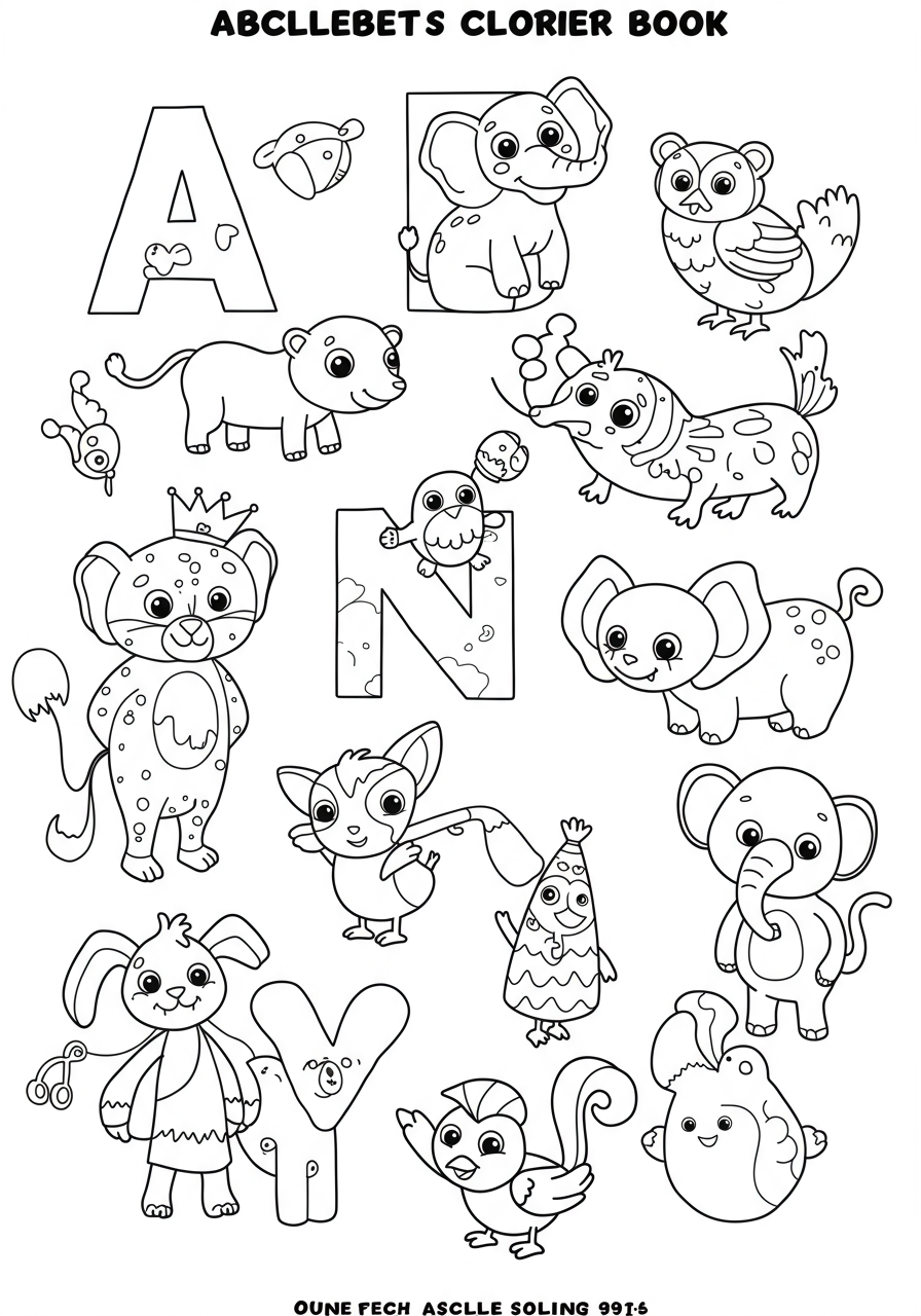An alphabet animals free printable coloring page showing each letter from A to Z paired with a corresponding animal, suitable for young children learning their ABCs.