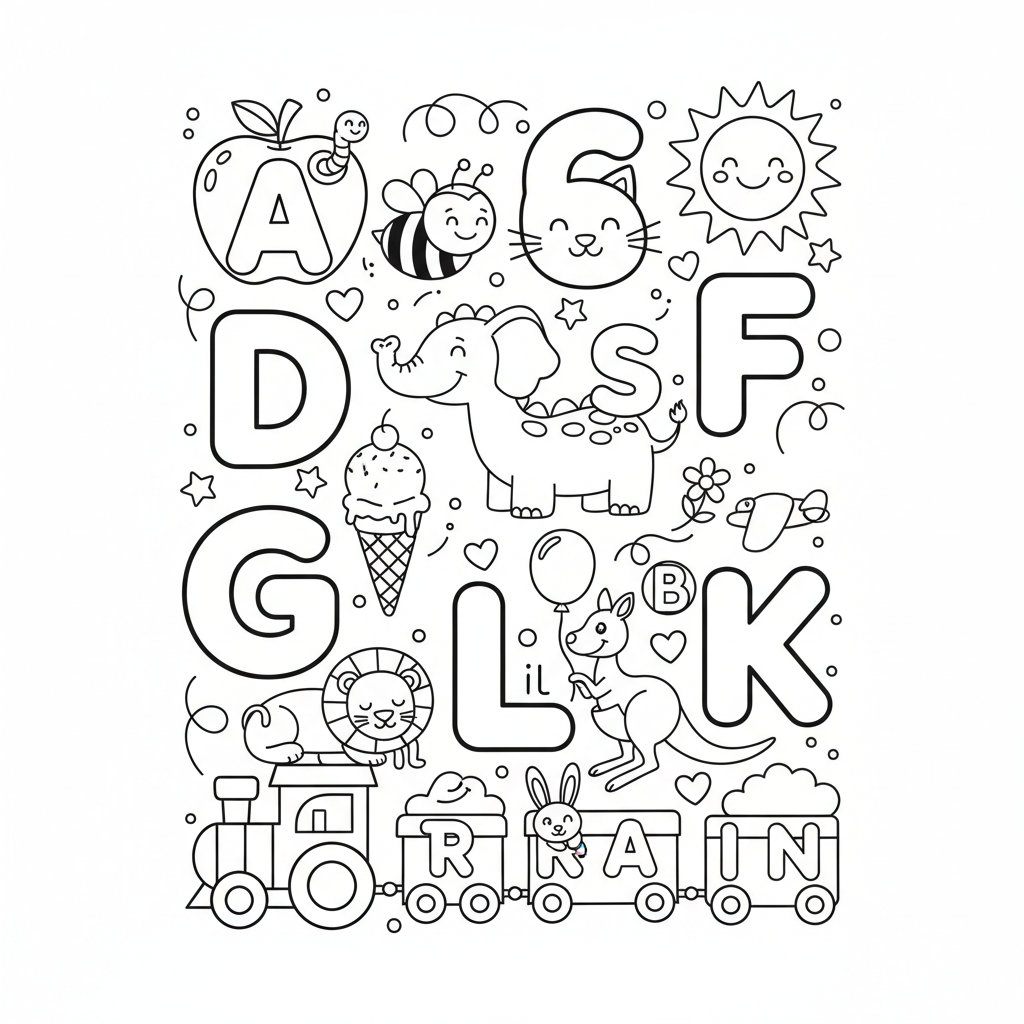 A free printable educational coloring page featuring all 26 uppercase and lowercase alphabet letters, each accompanied by a simple, illustrative object or animal for early learners to color and learn.