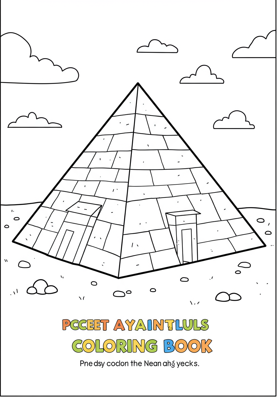 Free printable Ancient Egyptian pyramid coloring page for kids, featuring a simple outline of a pyramid in a desert landscape, perfect for an educational activity.
