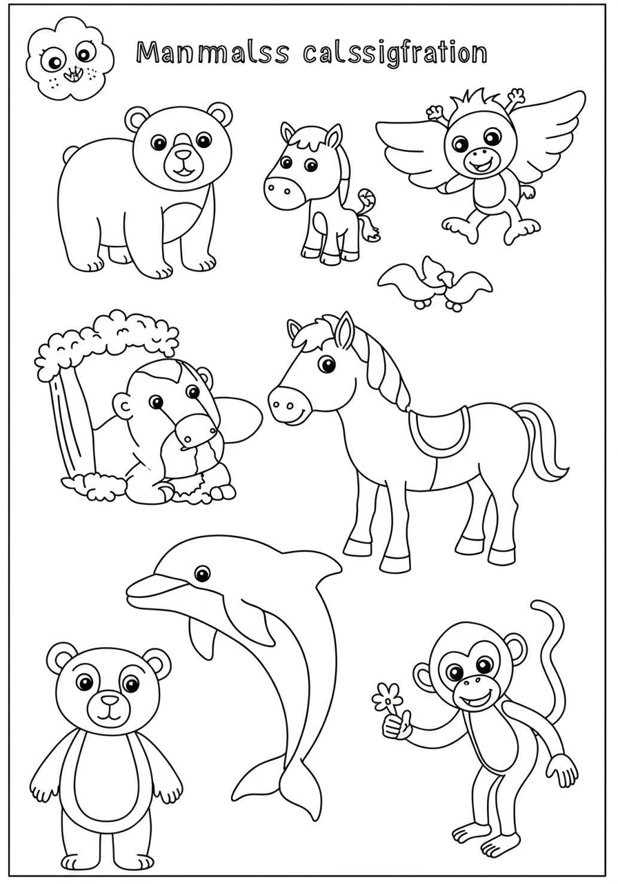 Free printable coloring page for kids featuring various mammals like a bear, horse, dolphin, and monkey, for learning animal classification.