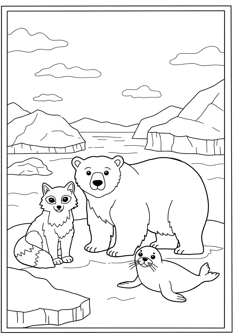 A free printable coloring page featuring various Arctic ice animals including a polar bear, an arctic fox, and a seal, all set in a snowy landscape with icebergs, designed for children to color and learn about polar wildlife.