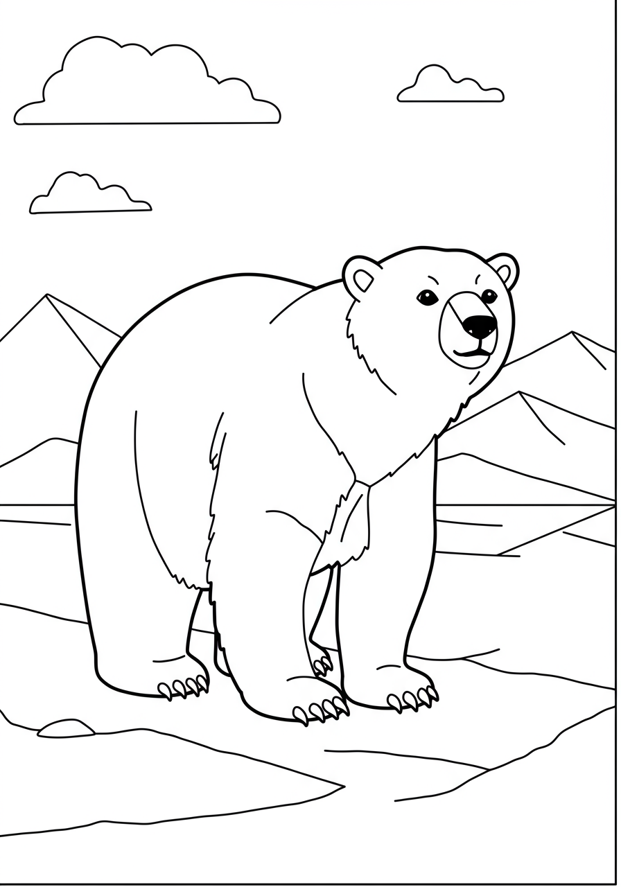 Free printable Arctic tundra polar bear coloring page for kids, showing a friendly polar bear on an ice floe for educational fun.