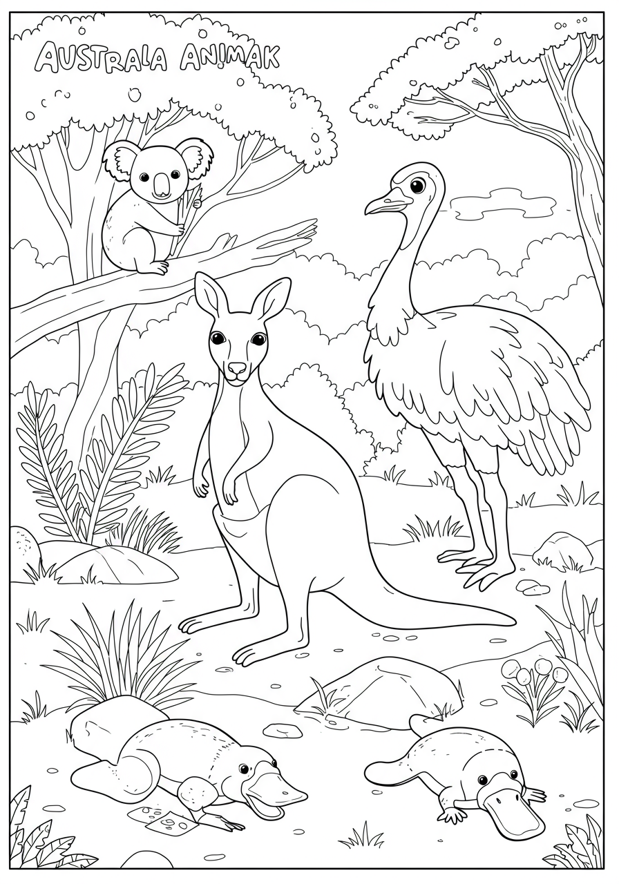 Free printable coloring page featuring various Australian outback animals like a kangaroo, koala, emu, and platypus in their natural habitat, suitable for kids.