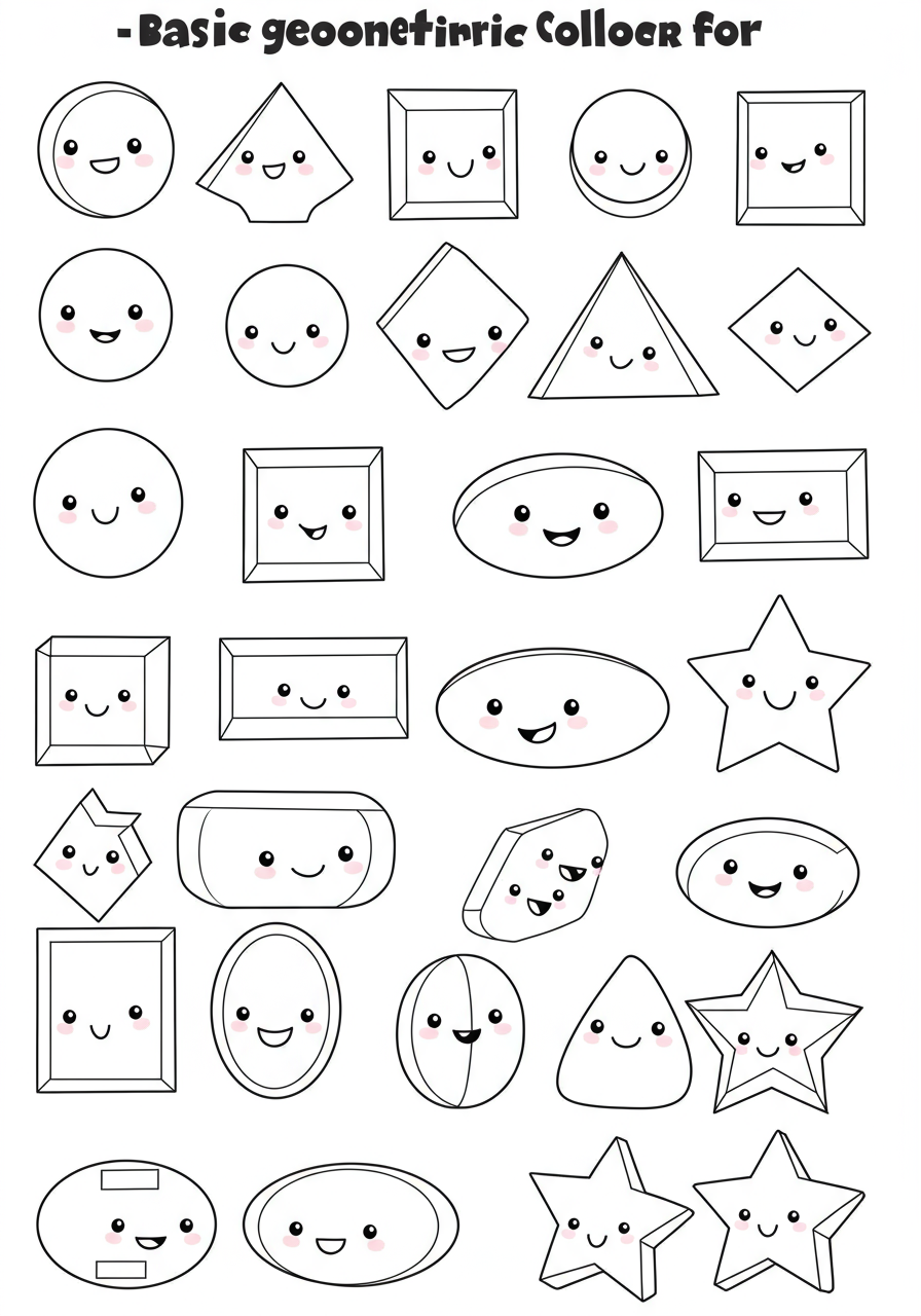 A free printable coloring page featuring various basic geometric shapes like circles, squares, triangles, rectangles, ovals, and stars for kids to color and learn.