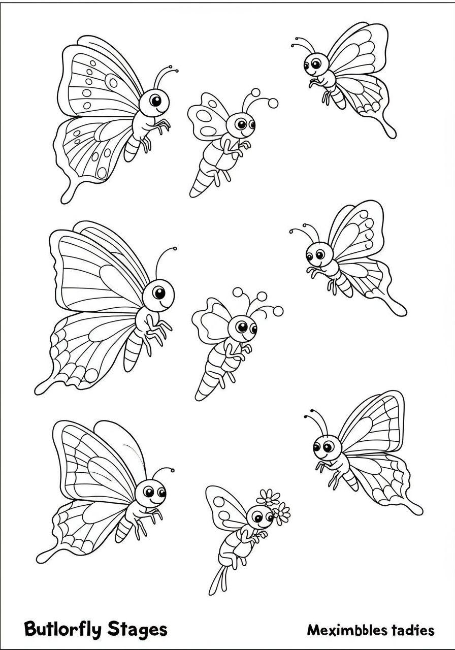 Illustration of the four stages of butterfly metamorphosis: egg, caterpillar, chrysalis, and adult butterfly, a free printable coloring page for children.