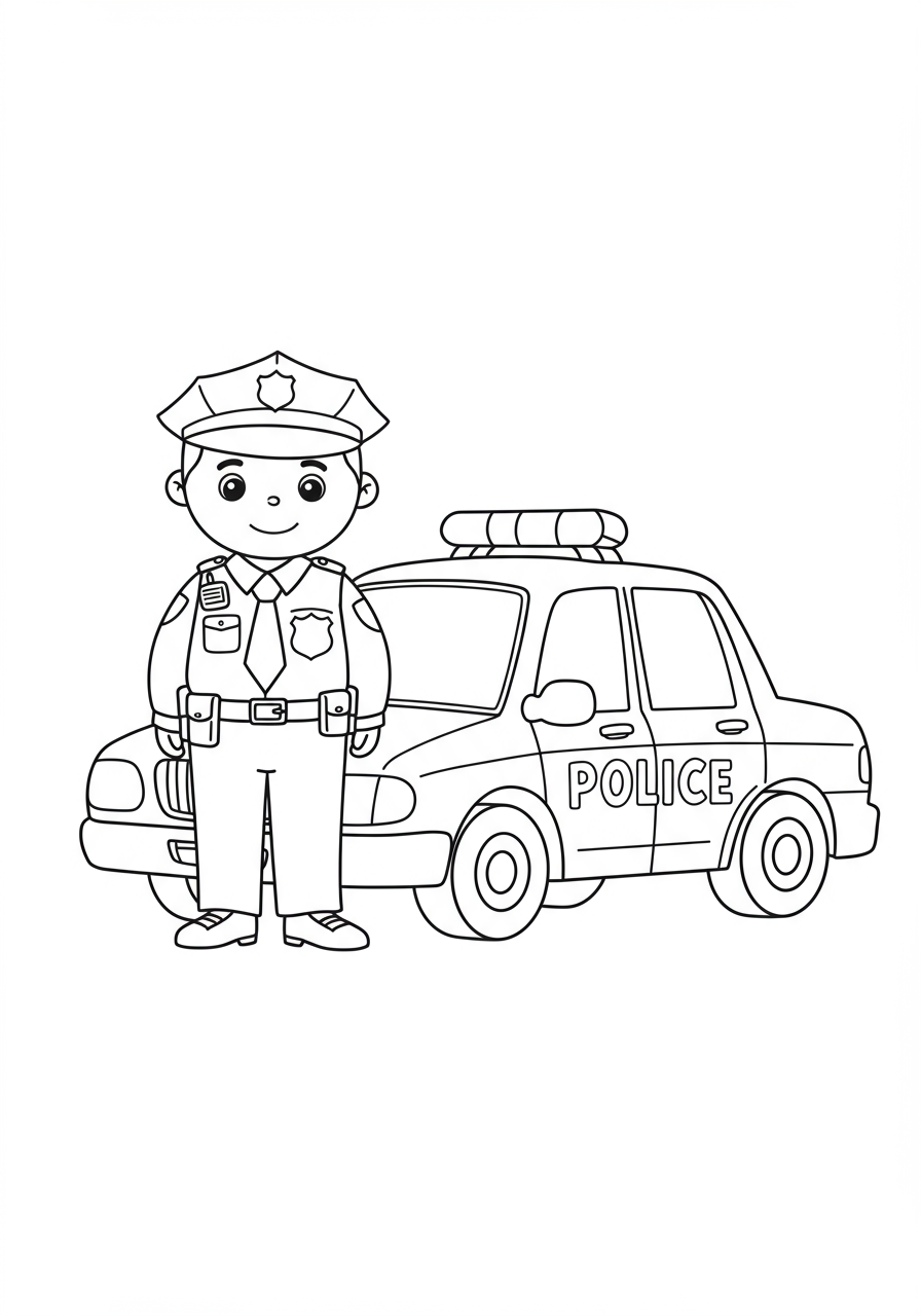 Free printable coloring page featuring a friendly police officer standing next to a police car, designed for kids to learn about community helpers.