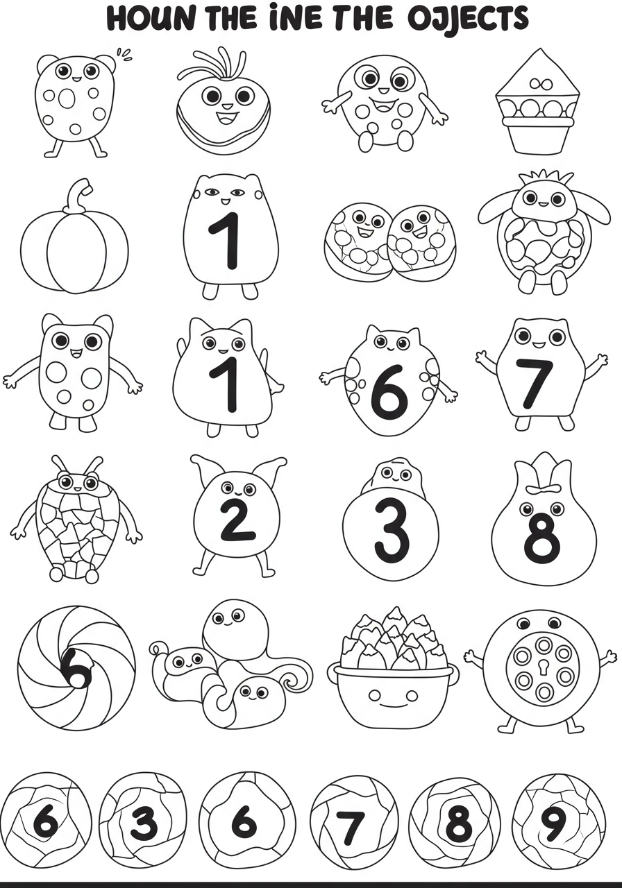 A free printable coloring page for kids showing various groups of objects next to their corresponding numbers for counting practice, featuring items like stars, apples, and balloons.