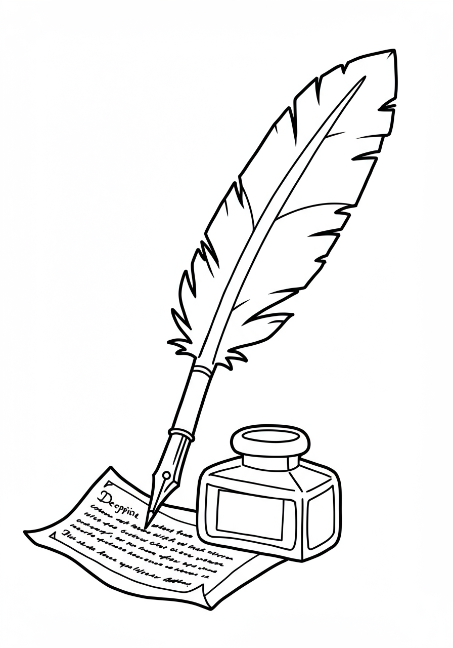 Free printable coloring page featuring a historical Declaration signing quill pen with an inkwell, perfect for kids learning about American history.