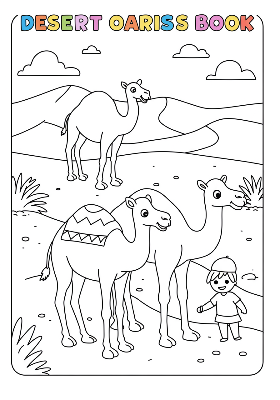 A free printable coloring page depicting two camels, a large one and a small one, resting peacefully beside a clear pool of water at a desert oasis with tall palm trees.