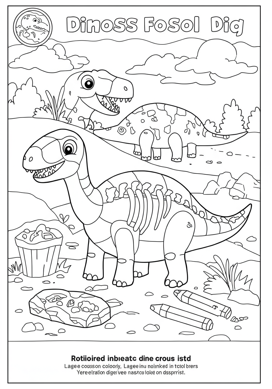 A free printable coloring page featuring children excitedly digging for dinosaur fossils with brushes and tools, surrounded by uncovered bones. Ideal for young explorers.