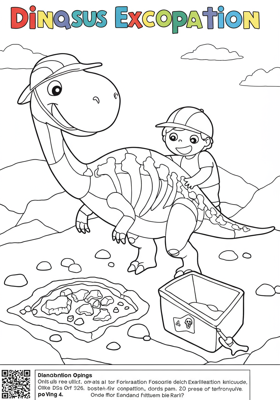 Free printable coloring page featuring a detailed illustration of children excavating dinosaur fossils in a desert landscape, perfect for young paleontologists.